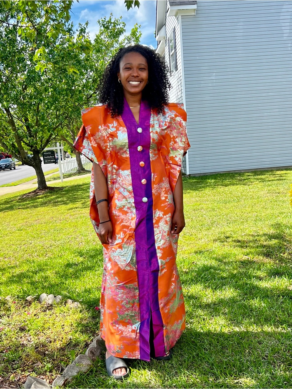 Orange Damask Brocade Bubu Maxi Dress with Purple Trim and Button Detail